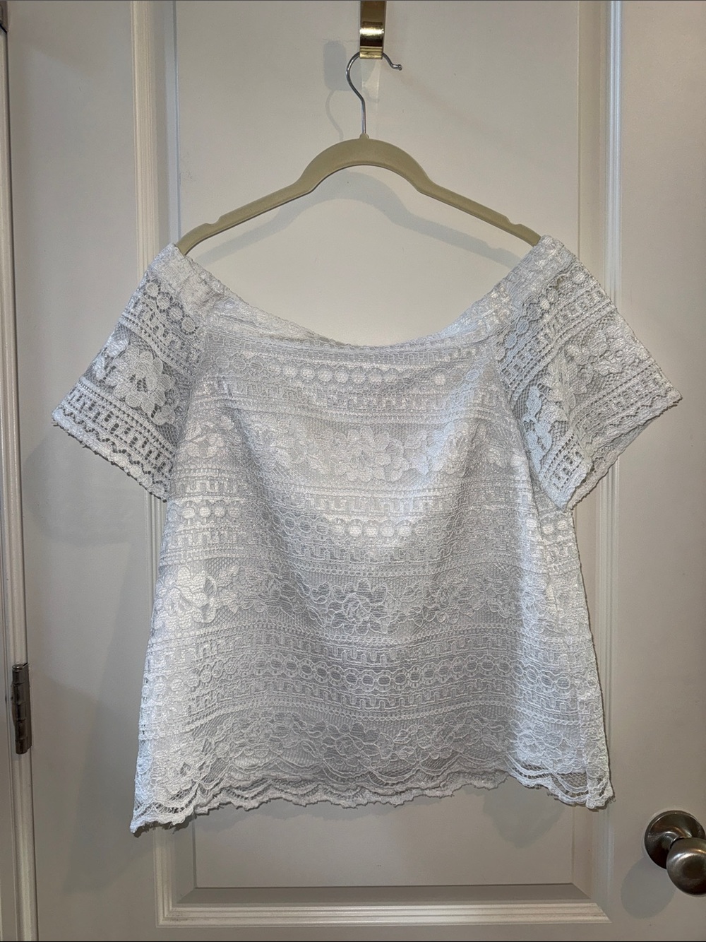 1. State White Lace Off-Shoulder Top with Short Sleeves